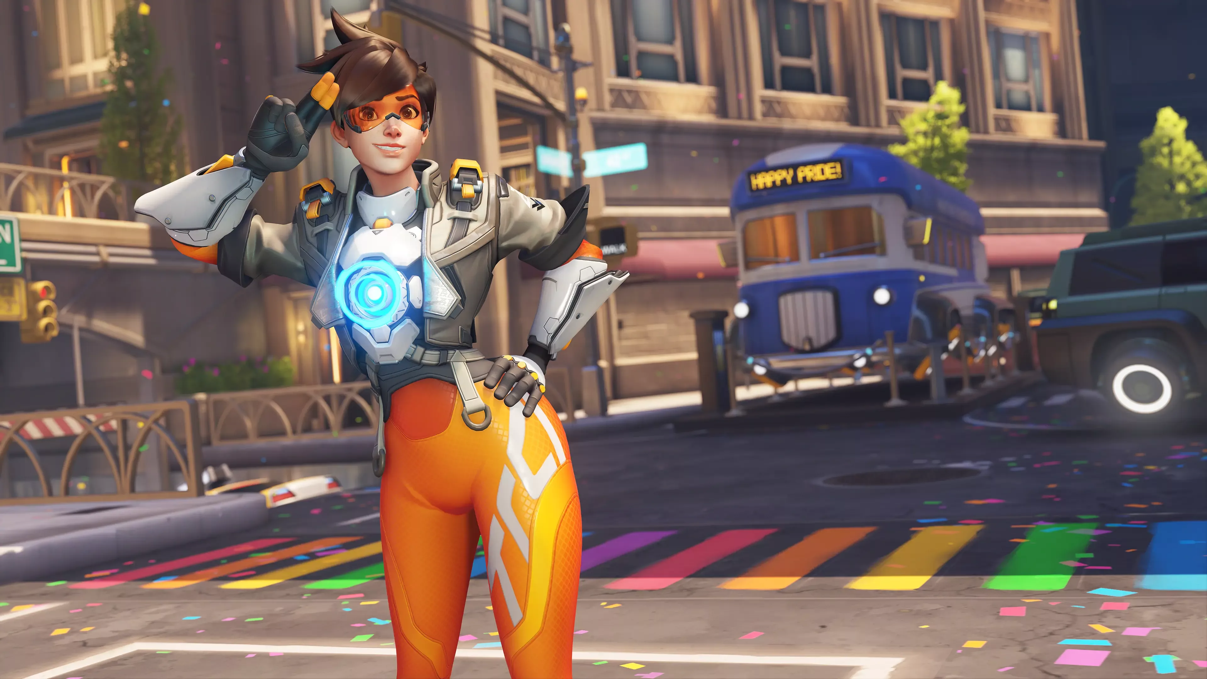 Tracer in a promotional image for Overwatch 2's Pride 2023 Event